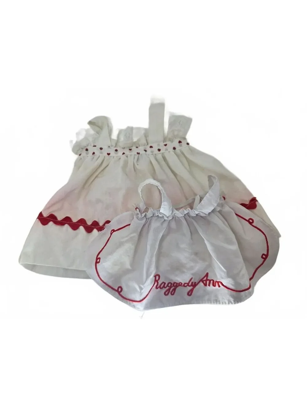 Vintage Raggedy Ann Doll Clothing Set White Dress & Embroidered Apron Pinafore